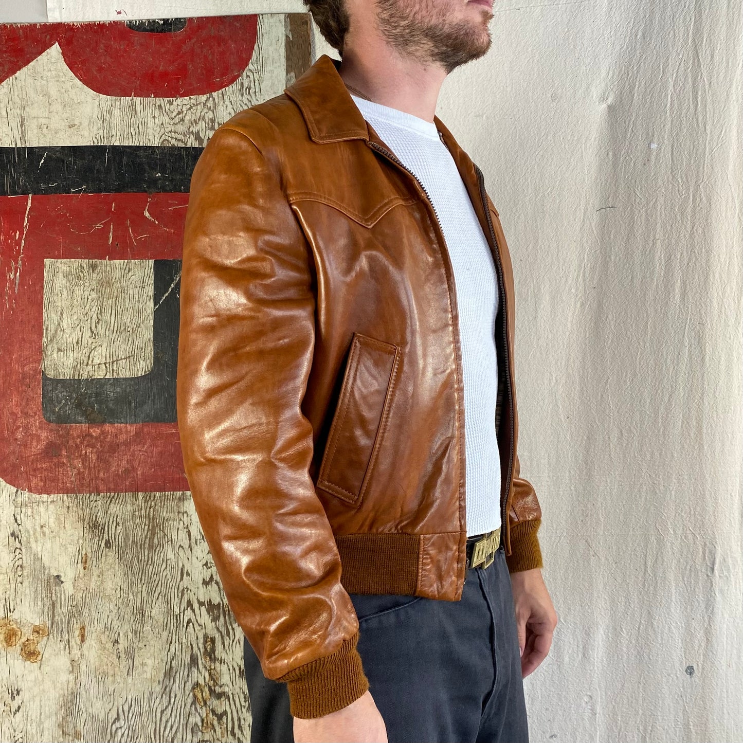 70s Plaid Lined Leather Jacket